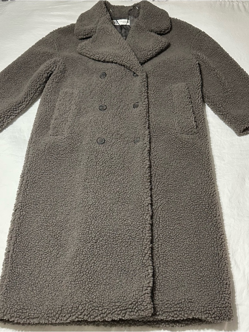 Zara Long Teddy Double-Breasted Coat in Taupe